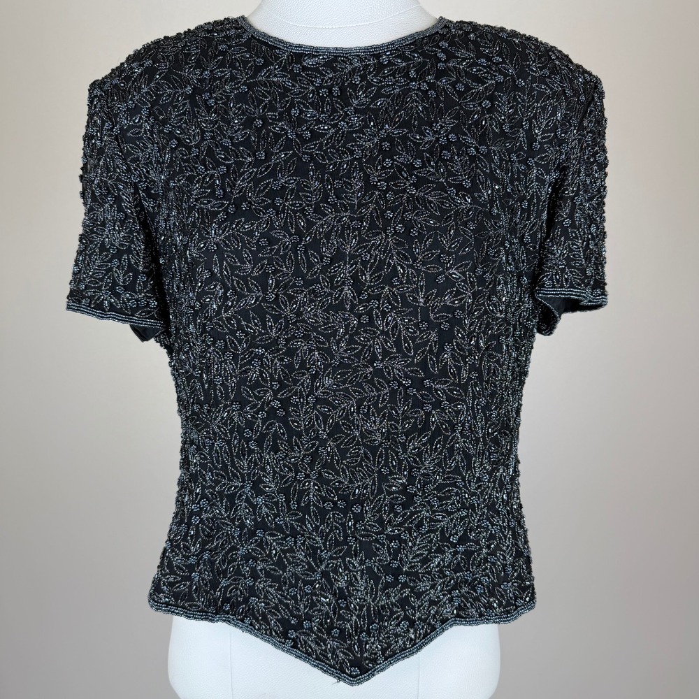 Vintage Papell Boutique Evening Black Silk Beaded Blouse Womens XL Shoulder Pads